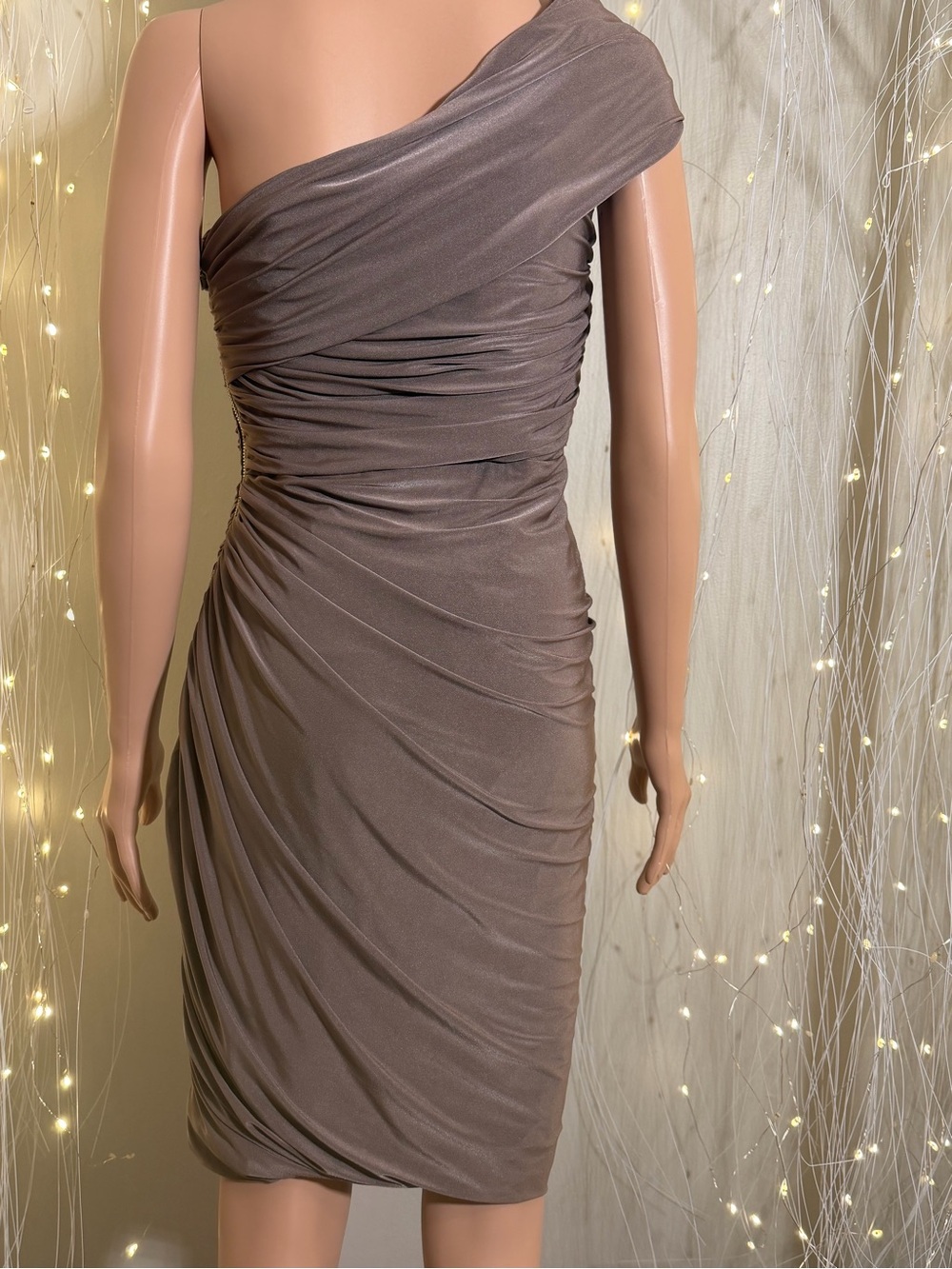 Eliza J One-Shoulder Taupe Ruched Cocktail Dress - Picture 2 of 5